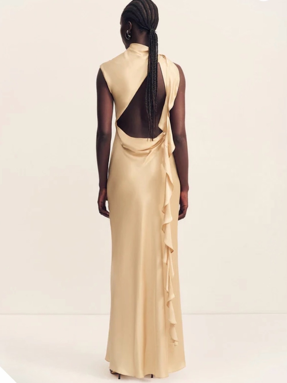 Shona Joy Champagne Backless Satin Ruffle Column Gown